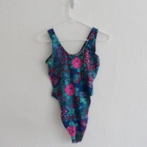 Vintage Floral Body Suit Large Blue Pink